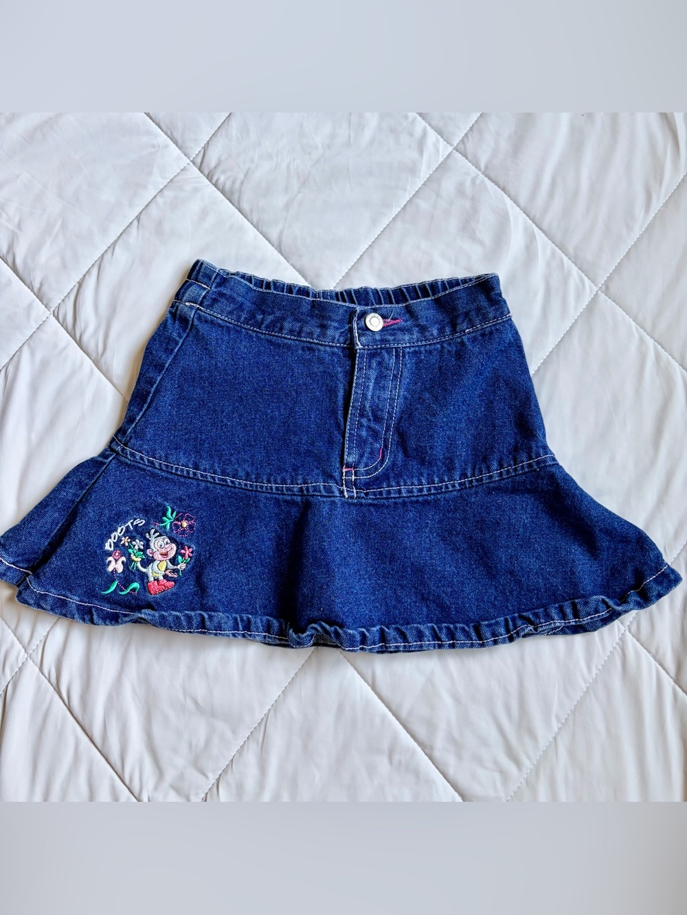 Vintage Y2K (2007) Dora the Explorer Girls 4T Embroidered Denim Ruffled Skirt